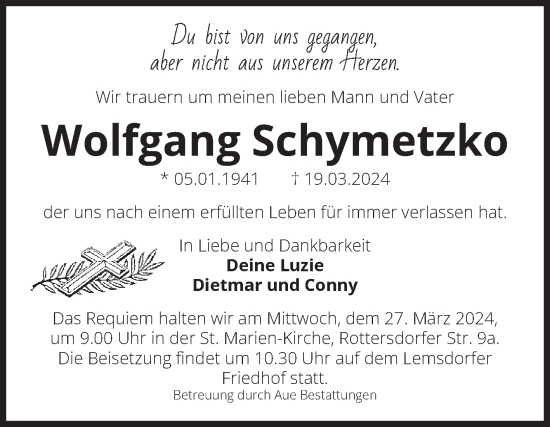 Traueranzeige von Wolfgang Schymetzko von Volksstimme Magdeburg