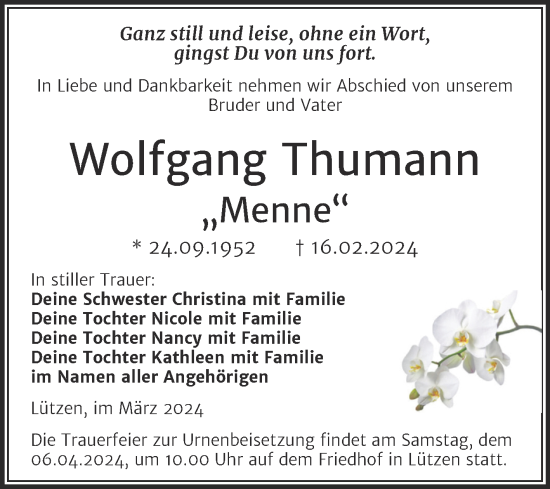 Traueranzeige von Wolfgang Thumann von Trauerkombi Weißenfels