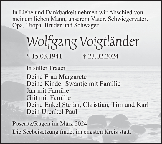 Traueranzeige von Wolfgang Voigtländer von Volksstimme Staßfurt