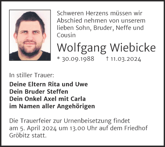 Traueranzeige von Wolfgang Wiebicke von Trauerkombi Weißenfels