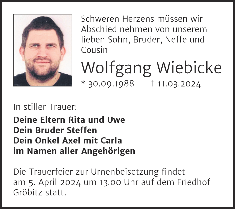  Traueranzeige für Wolfgang Wiebicke vom 23.03.2024 aus Trauerkombi Weißenfels