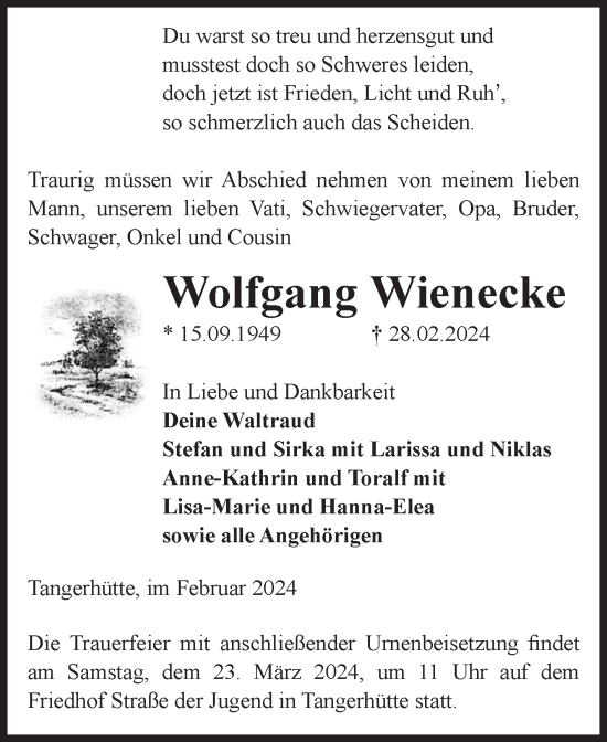 Traueranzeige von Wolfgang Wienecke von Volksstimme Altmark Ost