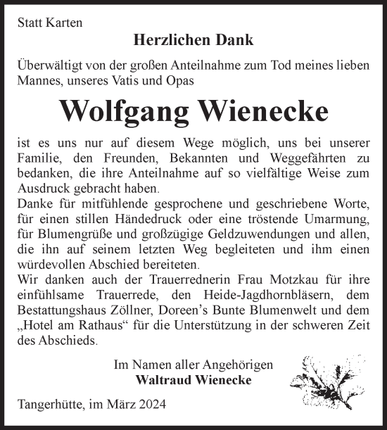 Traueranzeige von Wolfgang Wienecke von Volksstimme Altmark Ost