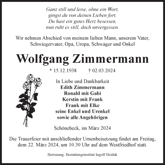 Traueranzeige von Wolfgang Zimmermann von Volksstimme Schönebeck