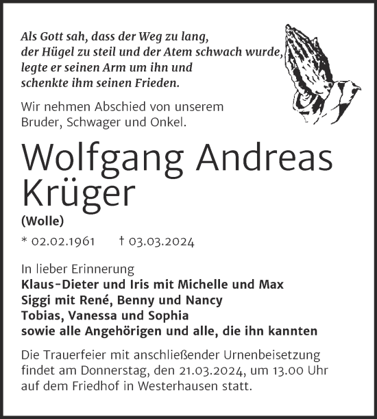 Traueranzeige von Wolfgang Andreas Krüger von Trauerkombi Quedlinburg