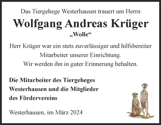 Traueranzeige von Wolfgang Andreas Krüger von Trauerkombi Quedlinburg