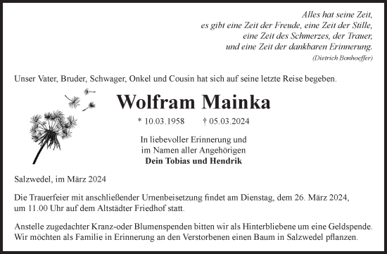 Traueranzeige von Wolfram Mainka von Volksstimme Altmark West