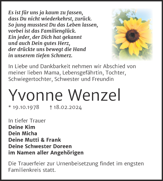 Traueranzeige von Yvonne Wenzel von Trauerkombi Merseburg