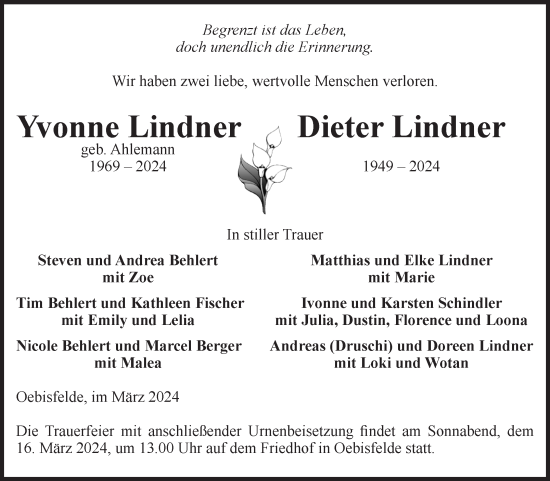 Traueranzeige von Yvonne und Dieter Lindner von Volksstimme Altmark West