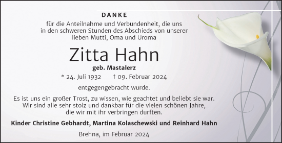 Traueranzeige von Zitta Hahn von Trauerkombi Bitterfeld