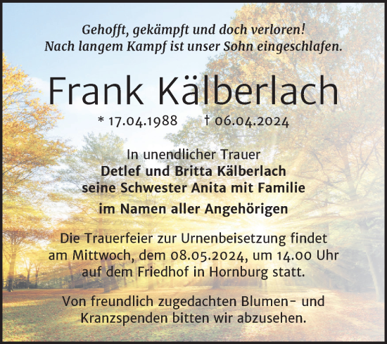 Traueranzeige von Frank Kälberlach von Trauerkombi Mansfelder Land