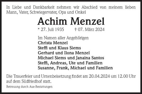 Traueranzeige von Achim Menzel von Volksstimme Magdeburg