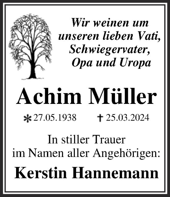 Traueranzeige von Achim Müller von Trauerkombi Dessau