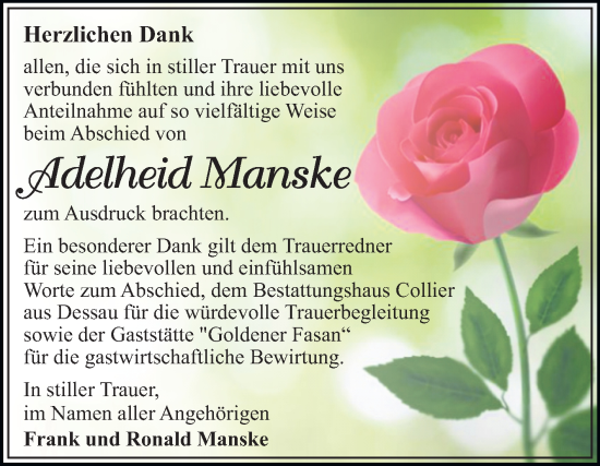 Traueranzeige von Adelheid Manske von Trauerkombi Wittenberg