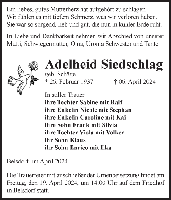 Traueranzeige von Adelheid Siedschlag von Volksstimme Oschersleben/Wanzleben