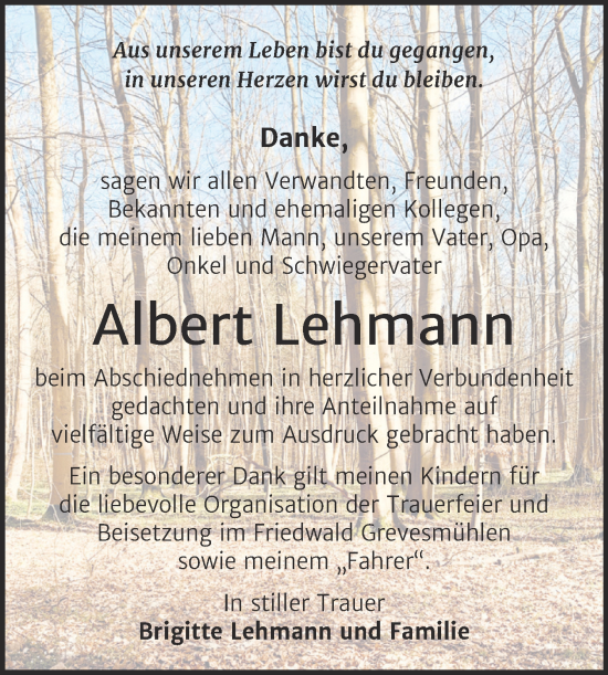 Traueranzeige von Albert Lehmann von Trauerkombi Bernburg