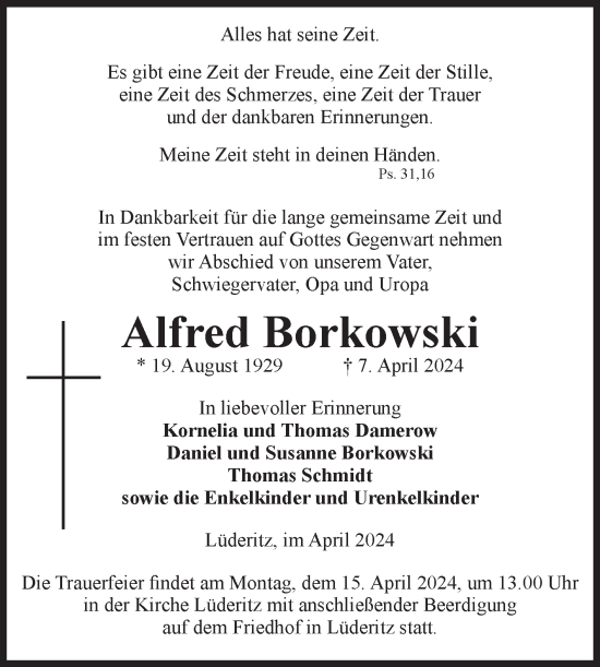 Traueranzeige von Alfred Borkowski von Volksstimme Altmark Ost