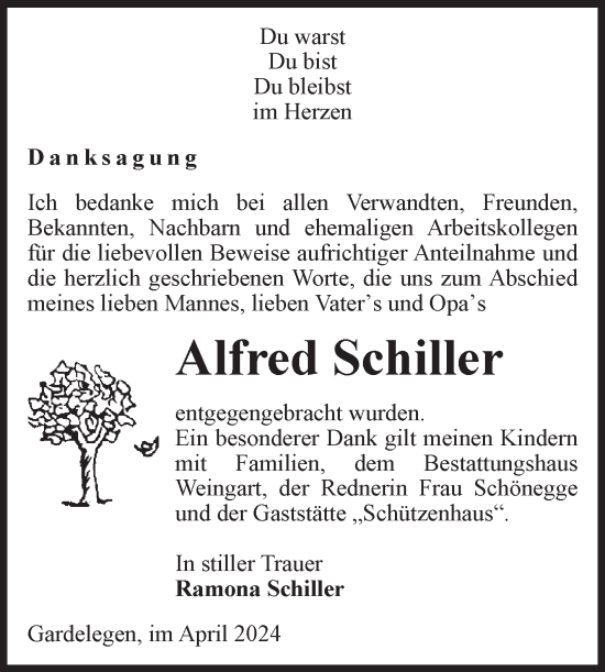 Traueranzeige von Alfred Schiller von Volksstimme Altmark West