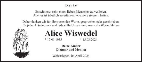 Traueranzeige von Alice Wiswedel von Volksstimme Oschersleben/Wanzleben