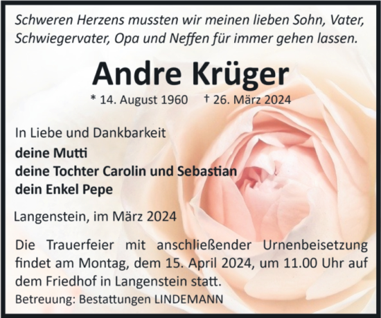 Traueranzeige von Andre Krüger von Volksstimme Halberstadt