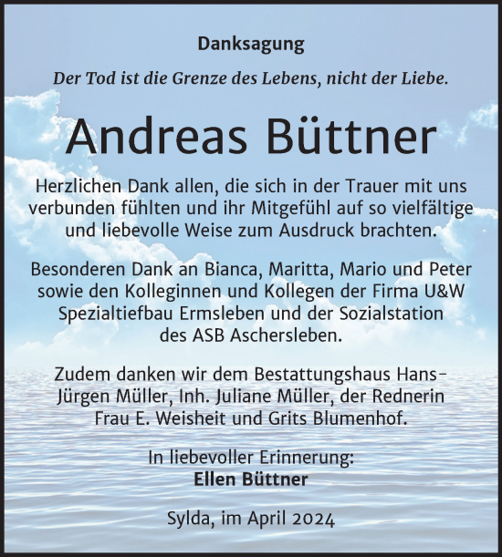 Traueranzeige von Andreas Büttner von Trauerkombi Mansfelder Land