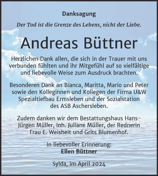 Traueranzeige von Andreas Büttner von Trauerkombi Aschersleben