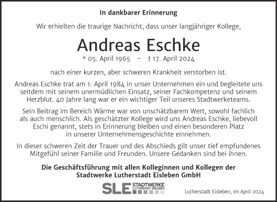 Traueranzeige von Andreas Eschke von Mitteldeutsche Zeitung Mansfelder Land