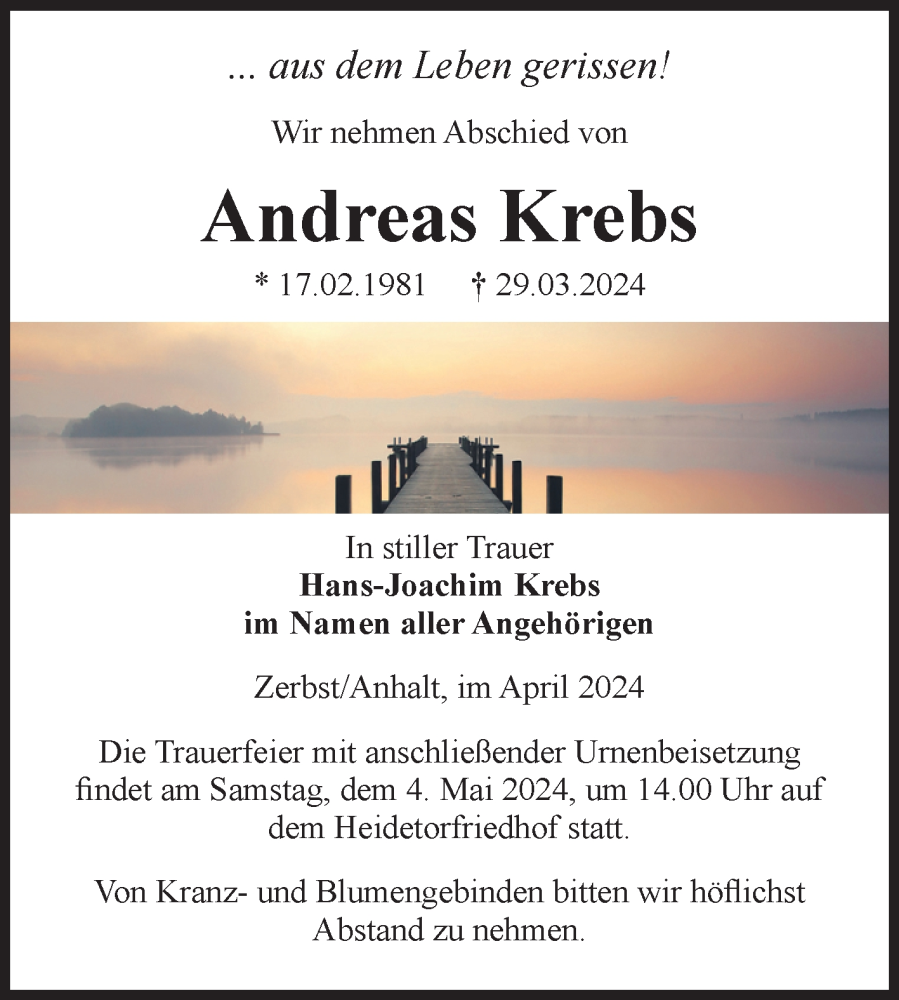  Traueranzeige für Andreas Krebs vom 13.04.2024 aus Volksstimme Zerbst
