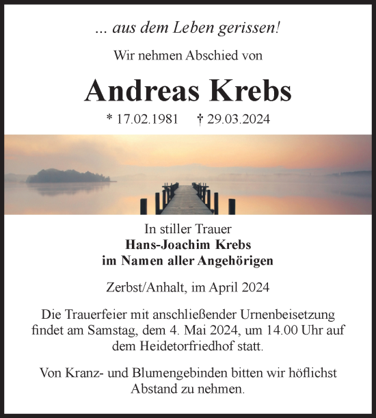 Traueranzeige von Andreas Krebs von Volksstimme Zerbst