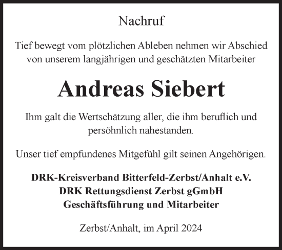 Traueranzeige von Andreas Siebert von Volksstimme Zerbst