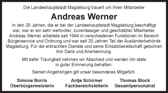 Traueranzeige von Andreas Werner von Volksstimme Magdeburg