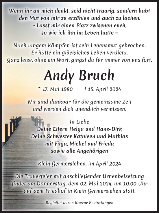 Traueranzeige von Andy Bruch von Volksstimme Oschersleben/Wanzleben