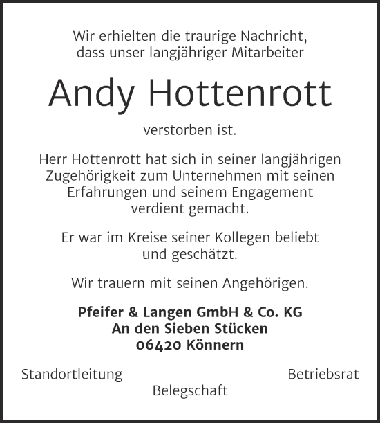 Traueranzeige von Andy Hottenrott von Mitteldeutsche Zeitung Bernburg