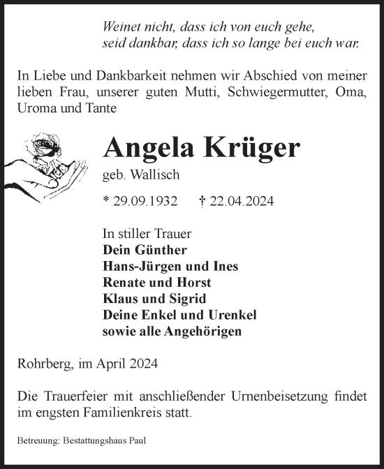 Traueranzeige von Angela Krüger von Volksstimme Altmark West