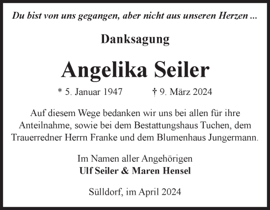 Traueranzeige von Angelika Seiler von Volksstimme Oschersleben/Wanzleben