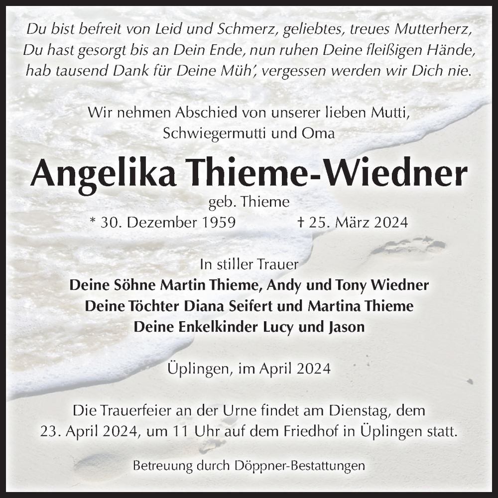  Traueranzeige für Angelika Thieme-Wiedner vom 06.04.2024 aus Volksstimme Oschersleben/Wanzleben