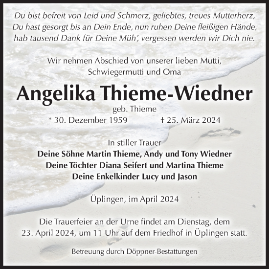 Traueranzeige von Angelika Thieme-Wiedner von Volksstimme Oschersleben/Wanzleben