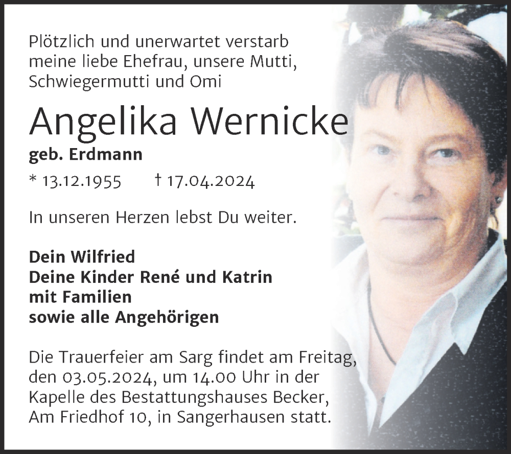  Traueranzeige für Angelika Wernicke vom 27.04.2024 aus Mitteldeutsche Zeitung Sangerhausen