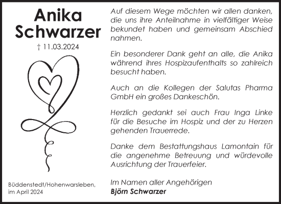Traueranzeige von Anika Schwarzer von Volksstimme Haldensleben/Wolmirstedt