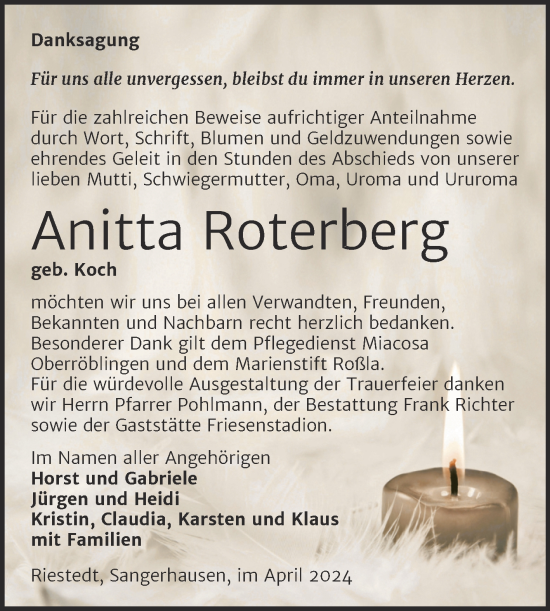 Traueranzeige von Anitta Roterberg von Trauerkombi Sangerhausen