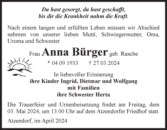 Traueranzeige von Anna Bürger von Volksstimme Staßfurt