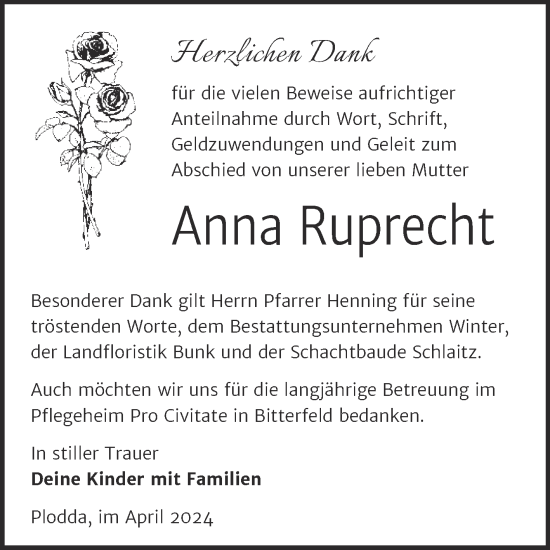 Traueranzeige von Anna Ruprecht von Trauerkombi Bitterfeld