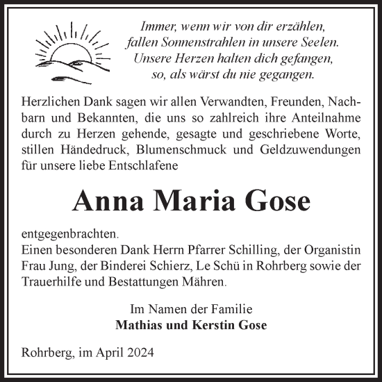 Traueranzeige von Anna Maria Gose von Volksstimme Altmark West