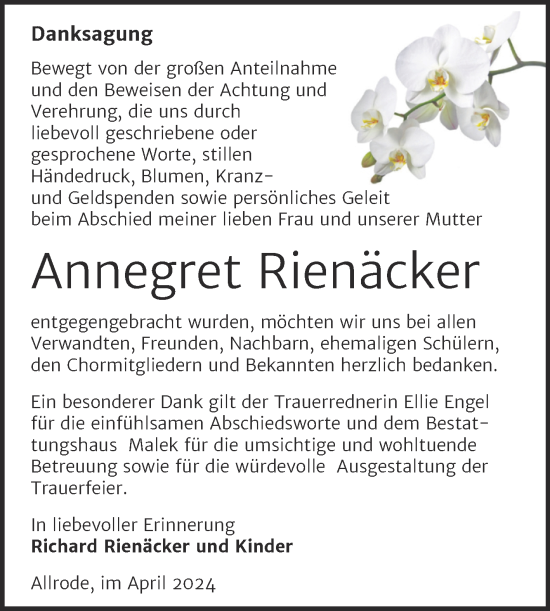 Traueranzeige von Annegret Rienäcker von Trauerkombi Quedlinburg