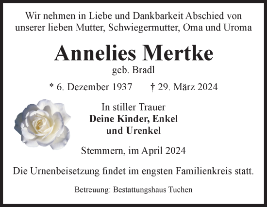 Traueranzeige von Annelies Mertke von Volksstimme Oschersleben/Wanzleben