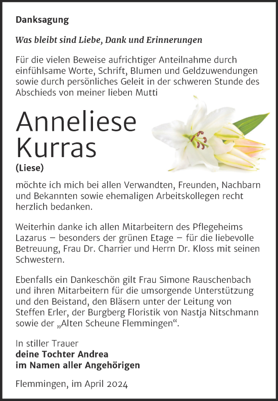 Traueranzeige von Anneliese Kurras von Naumburger Tageblatt