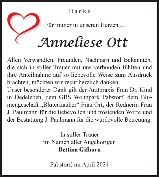 Traueranzeige von Anneliese Ott von Volksstimme Halberstadt