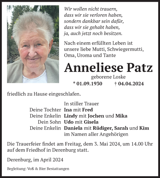 Traueranzeige von Anneliese Patz von Volksstimme Wernigerode