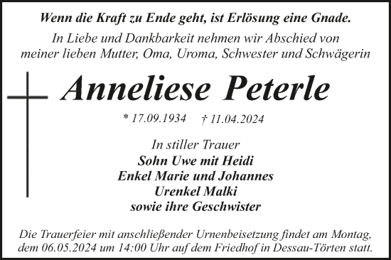 Traueranzeige von Anneliese Peterle von Trauerkombi Dessau