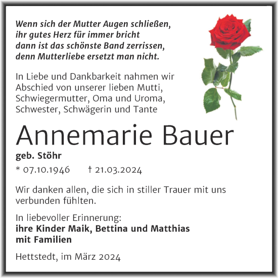 Traueranzeige von Annemarie Bauer von Trauerkombi Mansfelder Land